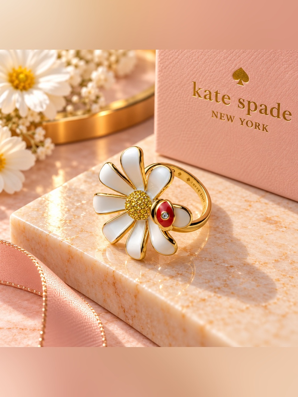 kate spade White, Gold and Red Daisy ladybug Ring